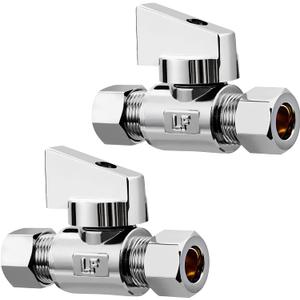 2 Pack Premium Brass 3/8" Compression x 3/8" Compression Quarter Turn Water Straight Angle Valve
