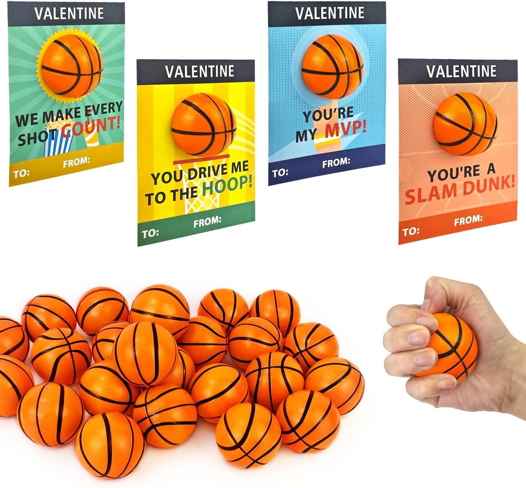 Basketball Valentines Day Cards Gifts for Kids School,24 Pack Mini Foam Sports Basketball Toys W/ Exchange Cards for Toddlers,Valentine Party Favors Goody Bag Stuffers Classroom Treats for Boys Girls