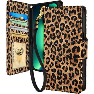 Toycamp for iPhone 13 Pro Max Wallet Case with Wrist Strap - Leather Flip Folio Phone Case with RFID Blocking 4 Card Holder for Apple for iPhone 13 Pro Max Funda Cute for Women Ladies, Leopard Print