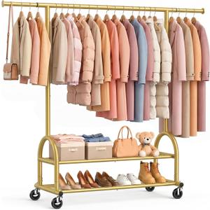 EAGMAK Heavy Duty Clothes Rack for Hanging Clothes Load 556 LBS, Height Adjustable Rolling Clothing Racks, Portable Metal Coat Rack Garment Wardrobe with Wheels and Shelves for Bedroom Laundry, Gold