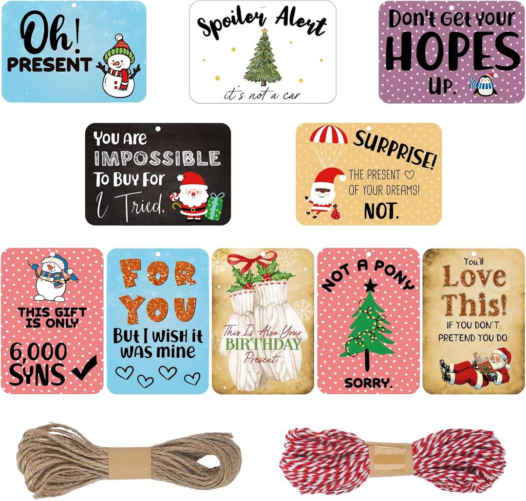 Kosiz 100 Pack Christmas Funny Gift Tags, Xmas Gift Wrap Tags with Jute Rope Baker Twine for DIY Personalizing Your Holiday Present Hanging Tag Label, 10 Designs, 3.9x2.8 Inches