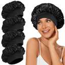 4Pcs Satin Bonnet Silk Bonnet, Hair Bonnet for Sleeping, Elastic Wide Band Silk Sleep Cap, Soft and Breathable (Black)