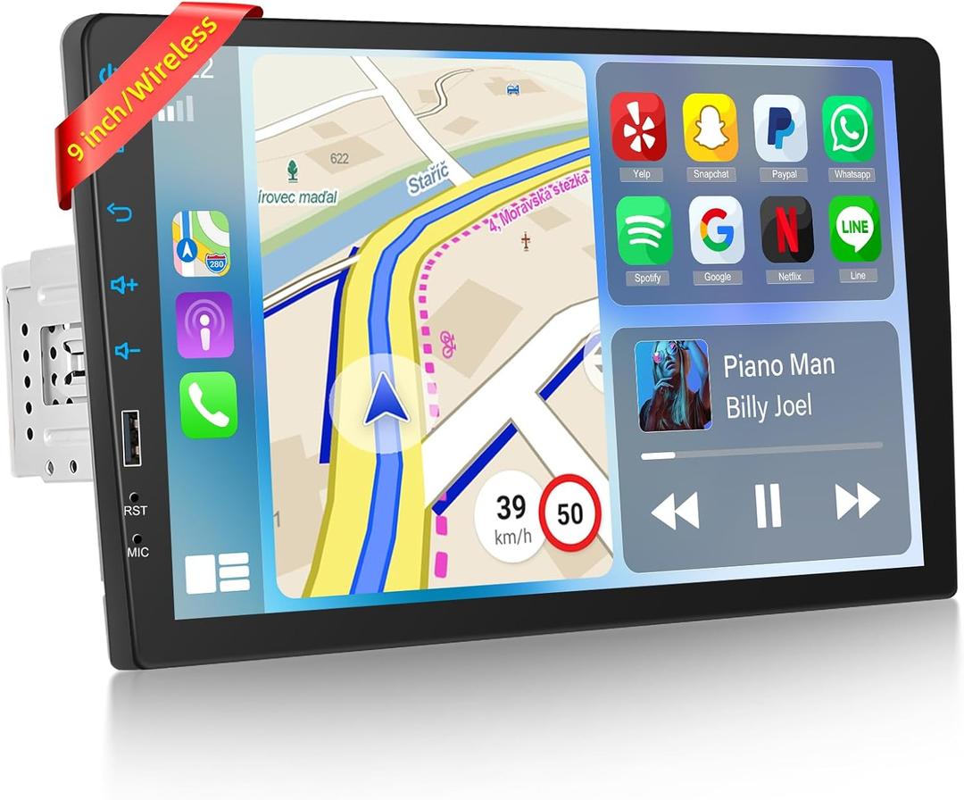 9 inch Wireless CarPlay Single Din Car Stereo 1 Din Touch Screen Car Play Android Auto Radio with Mirror Link/1080P/EQ Audio/SWC/Bluetooth/ 7 Collor Buttons +Backup Camera