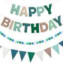 Mindsoft 3 Pcs Felt Happy Birthday Banner Set 8.2ft Pastel Happy Birthday Garland Triangle Bunting Pennant 6.5ft Pom Pom Ball Garland Sage Green Reusable Party Decorations for Women Men