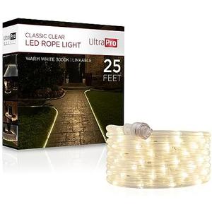 UltraPro LED Rope Lights, 25ft Classic Clear Rope, Warm White Light 3000K, Indoor/Outdoor, Flexible, Linkable, Durable, Rope Lights Outdoor, 54504