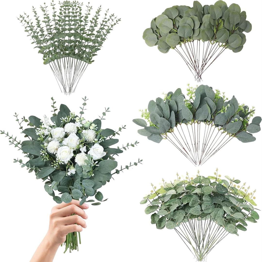 Eucalyptus Leaves Stems 100 PCS, 4 Kinds Mixed Artificial Greenery Stems for Wedding Decor Vase Floral Arrangement Centerpiece