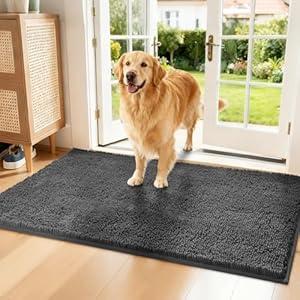 Naturei Chenille Absorbent Front Door Mat 48" x 36", Dog Door Mat for Muddy Paws, Trap Dirt Doormat, Mud Mat for Dogs, Washable Non Slip Outdoor Indoor Doormats for Entryway, Grey