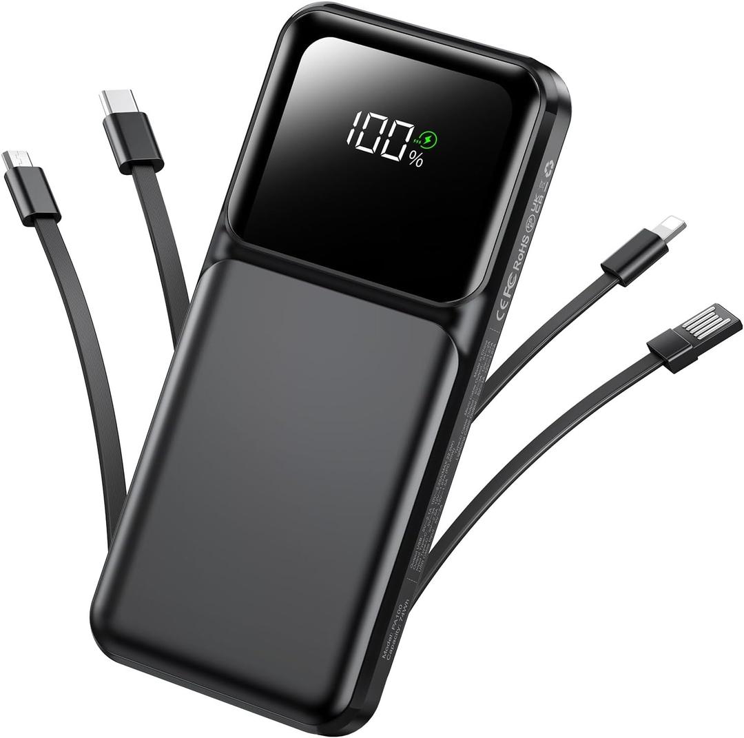 Portable Charger Power Bank with Built in Cable 20000mAh | 22.5W USB C Fast Charging Battery Pack for iPhone Android, Slim, LED Display,5 Outputs & 3 Inputs,Travel Essentials
