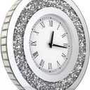 DMDFIRST Silver Round Mirror Clock 20x20inches Crystal Sparkle Twinkle Bling Crush Diamond Mirrored Large Wall Clock for Wall Decoration Silver Glass Mirror Home Dcor. AA Battery is not Included.
