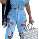 KEYUFANG Women 2 Piece Outfits Set Casual Crop Top Shirt Hollowed Out Sweatpants Women Fashion Tracksuit.2XL