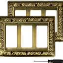 Antique Brass Decorative Wall Plate Light Switch Cover Decorator Outlet Covers Rocker Switch Plates Metal Material Wall Plates for Kitchen Bathroom (3 Gang Triple Decorator-2 Pack)