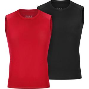 Youth Boys Sleeveless Compression Shirt Basketball Football Undershirt Quick Dry Kids Athletic Tank Tops for Workout (X-Large, 2 Pack: Black+Red)
