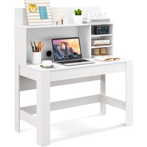 Giantex White Desk with Hutch, Home Office Desk with Bookshelf, Computer Workstation PC Laptop Table with Anti-Toppling Device & Cable Hole, Modern Study Writing Desk for Small Spaces, Bedroom