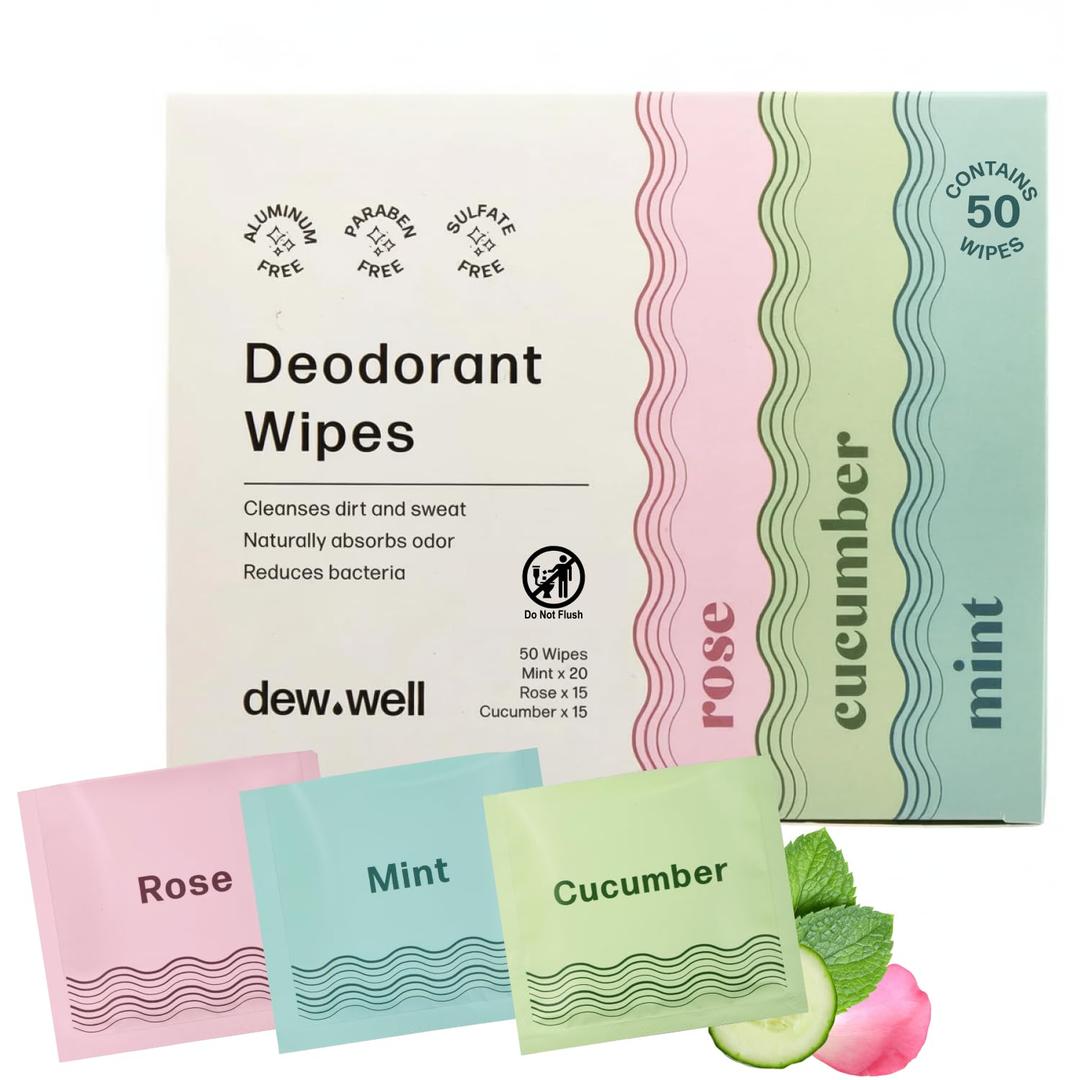 Dew Well Deodorant Wipes - On-the-Go Travel Deodorant - Fresh Mint, Rose & Cucumber Scents Body Wipes for Women - Aluminum, Paraben & Sulfate Free Mini Toiletries - 50 Count, Mint/Rose/Cucumber