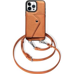 LUCKYCOIN for iPhone 16 Pro Max Crossbody Wallet Case  Genuine Leather Phone Purse with Adjustable Strap and Card Holder,Lanyard Phone Purse Case for Women,Pebble Grain Brown