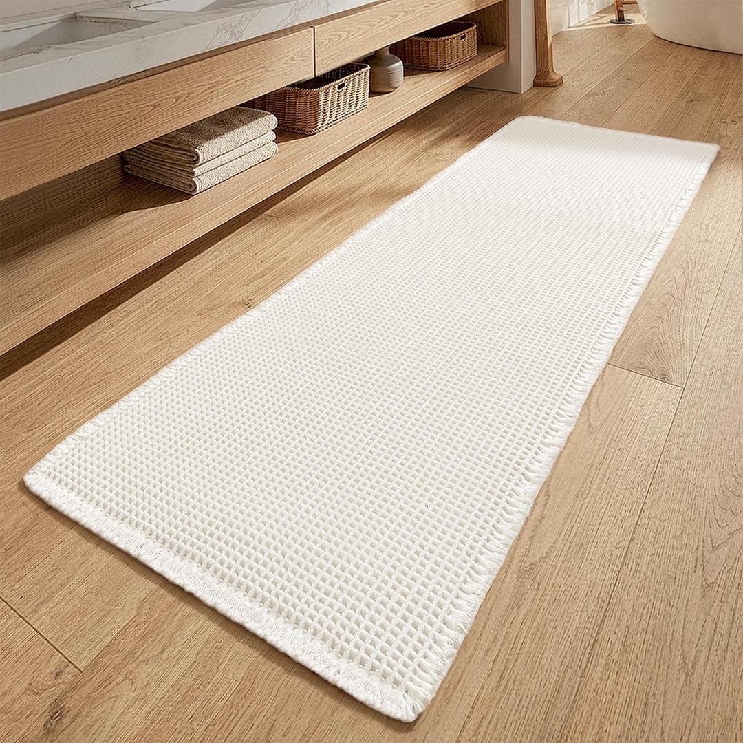 MIULEE Waffle Bathroom Runner Rugs, Super Absorbent Non Slip Bath Rug, Upgraded Soft Quick Dry Washable Boho Long Bath Mat with Tassels for Hallway Laundry Room Bedroom, 2'x6' (24"x72"), White