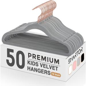 Smartor Kids Velvet Hangers 50 Pack, 14 Inch Premium Non Slip Kids Felt Hangers for Closet, Space Saving Toddler Clothes Hanger for Youth's Childrens' Clothes (Rose Gold Hook)- Grey (Gray)