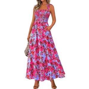 PRETTYGARDEN Womens Summer Dresses Floral Sleeveless Smocked Maxi Dress Boho Spaghetti Strap A Line Flowy Beach Long Sundress (Medium, Rose Red Big Floral)