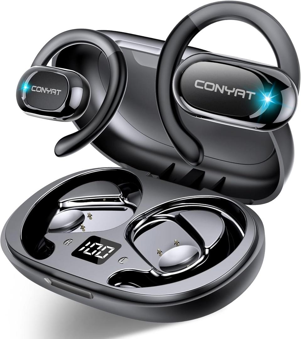 Open Ear Headphones, Wireless Bluetooth 5.4 Earbuds with Big Earhooks, Ultra-Comfort Open Ear Earbuds, 58 Hours HD Stereo Sound Over Ear Earphones, IP7 Waterproof Headset for Workouts, Black
