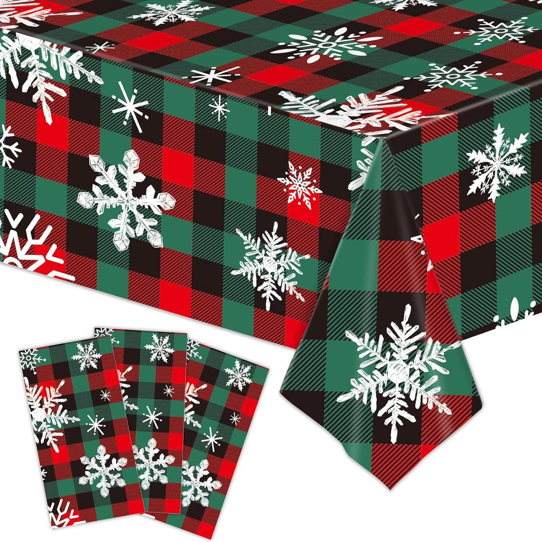 KALOR 3 Pack Christmas Tablecloth, 54 x 108 Inch Red Green Snowflake Large Disposable Table Cover, Waterproof Vintage Cloth for Party Decorations Supplies
