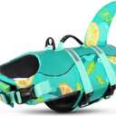 Queenmore Dog Shark Life Jacket with Rescue Handle - Adjustable Reflective Dog Life Preserver for Large Dogs, Green Print XL
