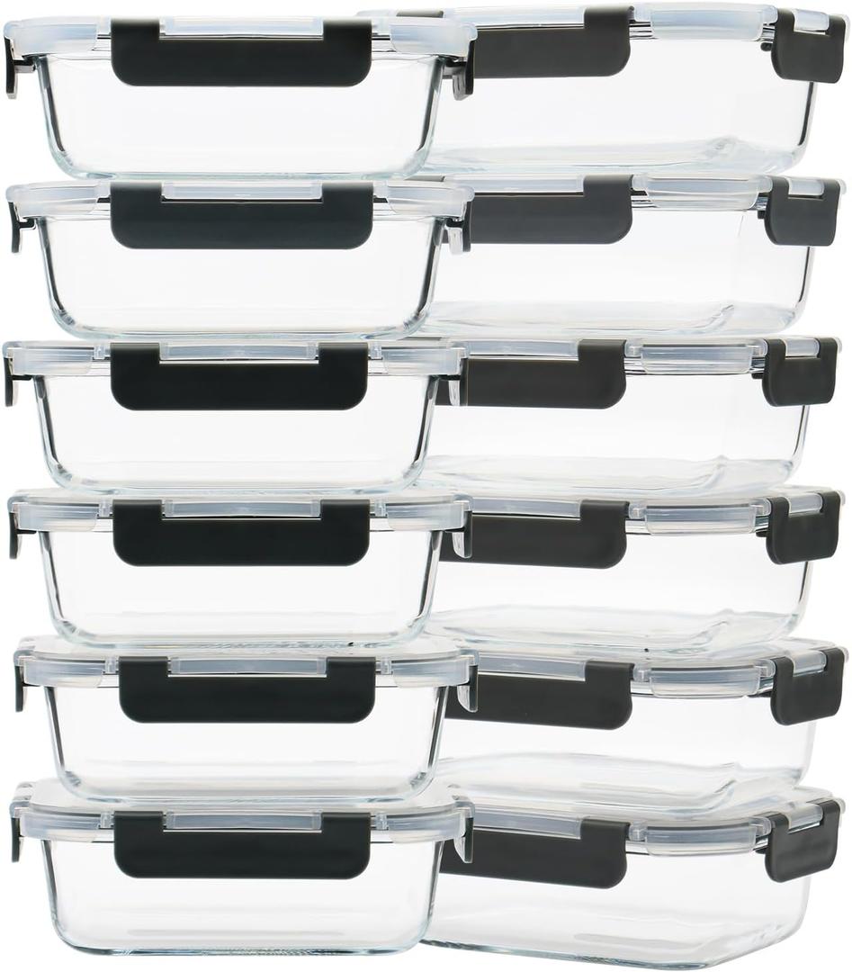 GULFLIN 12 Pack 22oz Glass Meal Prep Containers, Food Storage Containers with Lids, Air-Tight, Leak-Resistant, Freezer to Microwave Safe - Grey Set