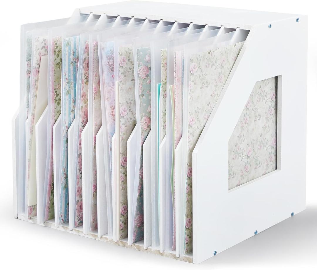 Wood Scrapbook Paper Storage Organizer, 12 x 12 Inch Paper Storage Shelf, Cardstock File Organizer, 12 Slot Desktop Rack Document Holder for Desk Home Office