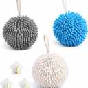 Chenille Ball Hand Towels Set of 3  Soft, Absorbent, Quick-Dry Microfiber Towels with Wall Hook  Fuzzy Ball Hanging Hand Towel Perfect for Bathroom & Kitchen Use