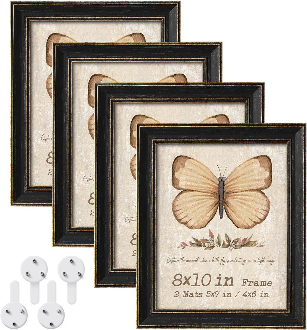 Black 8x10 Picture Frame Set of 4, Rustic Distressed Photo Frames with Mat for 5x7 or 4x6, Vintage 8 x 10 Farmhouse Frame with Tempered Glass , Wall Hanging or Tabletop Display, Home Decor, 4 Pack