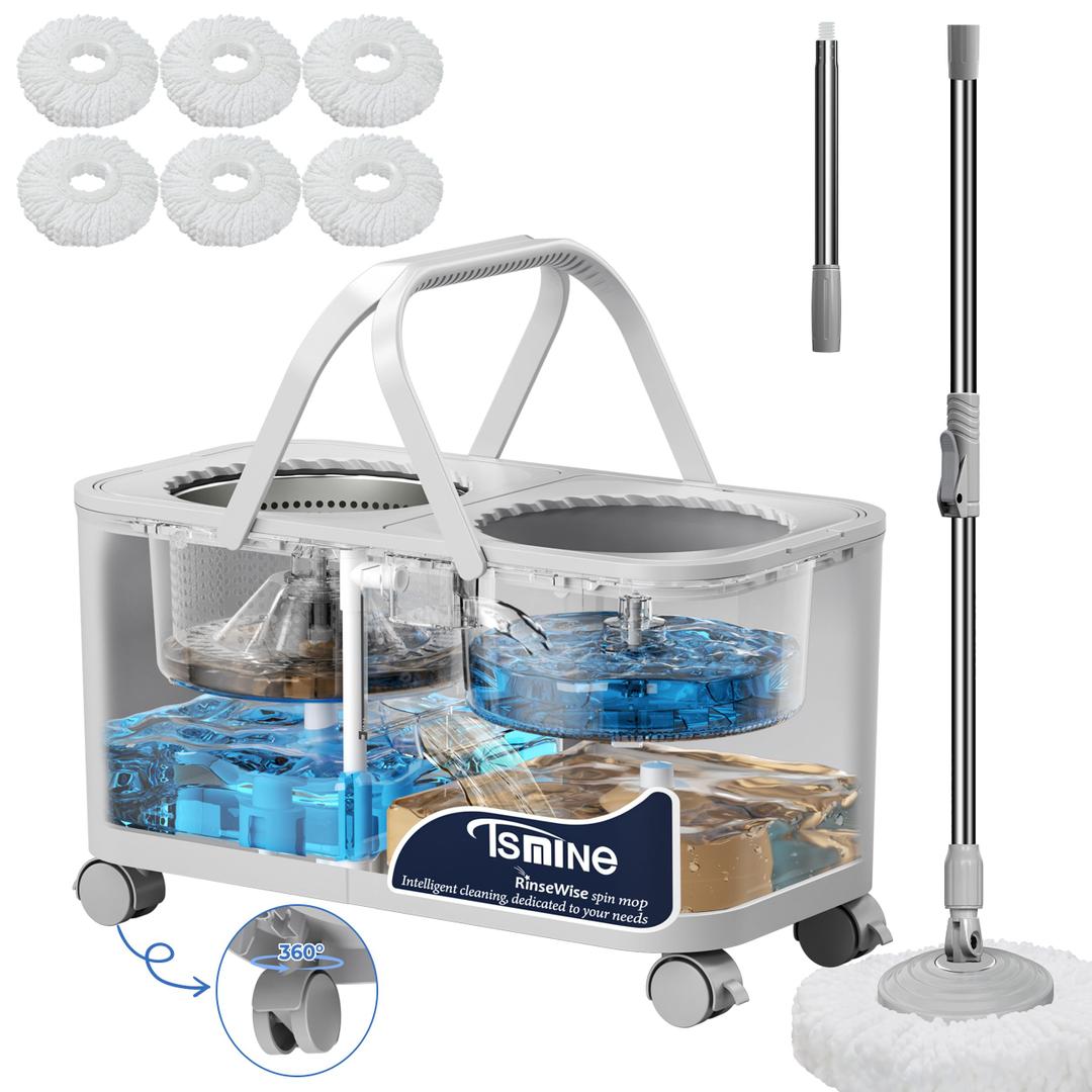 Compact Spin Mop for Apartments & Small Spaces, Clean & Dirty Water Separation Mop Bucket for Pet Owners & Daily Cleaning,360 Swivel Wheels, Safe for Hardwood & Tile, Adjustable Handle, 1 Mop Heads