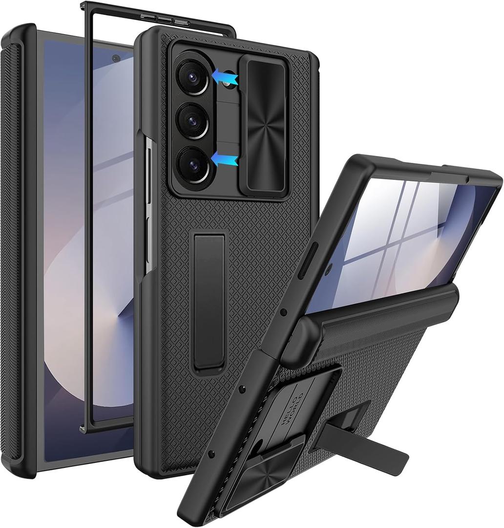 Miimall Phone Case for Samsung Galaxy Z Fold 6 with Slide Camera Cover, Hinge Protection, Built-in Screen Protector, Adjustable Kickstand, Slim Full Body Case for Galaxy Z Fold 6, Black
