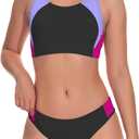 Beautikini Period Swimwear Two Piece Menstrual Leakproof Sporty Bikini Sets Bathing Suit Period Swimsuit for Teen Girls (Large, Black Purple)