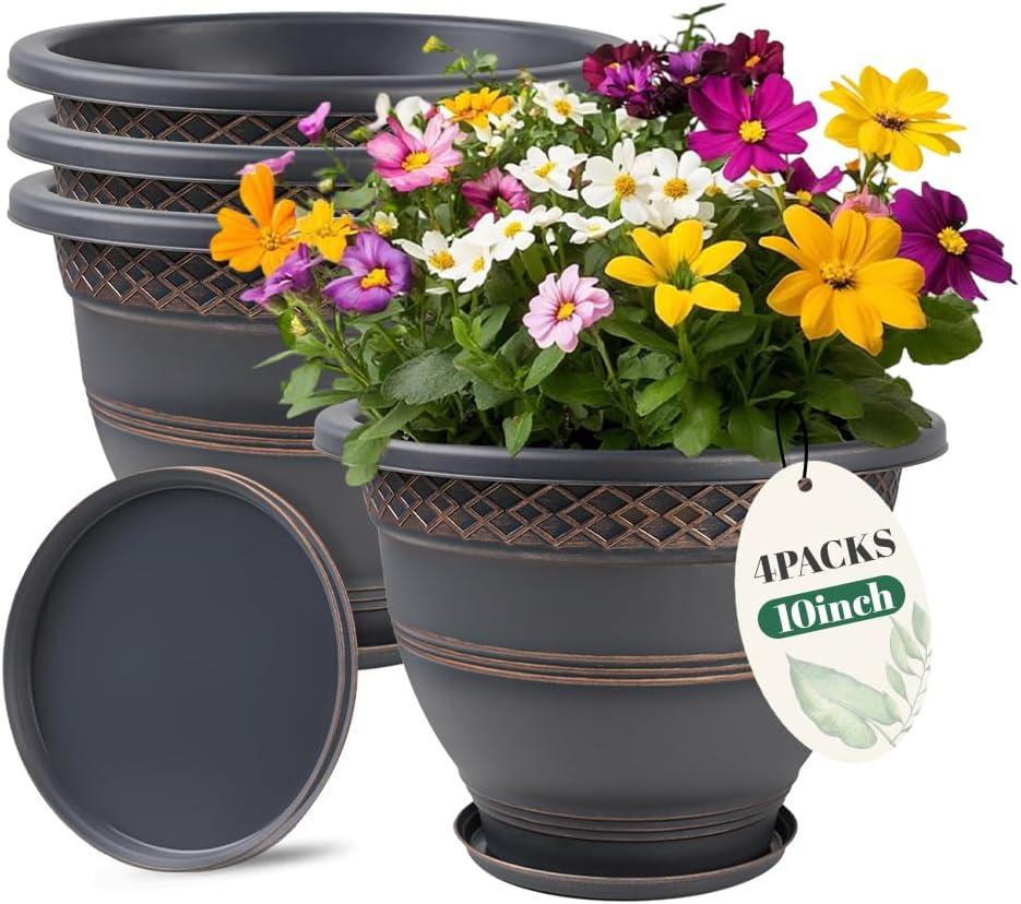 10 Inch 4 Pack Plant Pots, Plastic Flower Pot for Indoor & Outdoor with Drainage Holes & Saucer, Plaid Pattern Planters Garden Pots for Herbs (Copper)