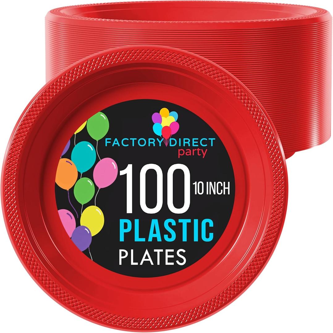 Exquisite Party Solids Red Plastic Plates For Party 10" Red Disposable Plates Heavy Duty 100 Pcs Plastic Dinnerware Sets Heavy Duty 350 GSM Disposable Dinnerware Set