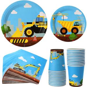 Construction Birthday Party Supplies Set 97 Pieces For Kids- Serves 24 Guest-Digger Truck Bulldozer Party Tableware Kit - Including Dump Truck Plates, Cups, Napkins