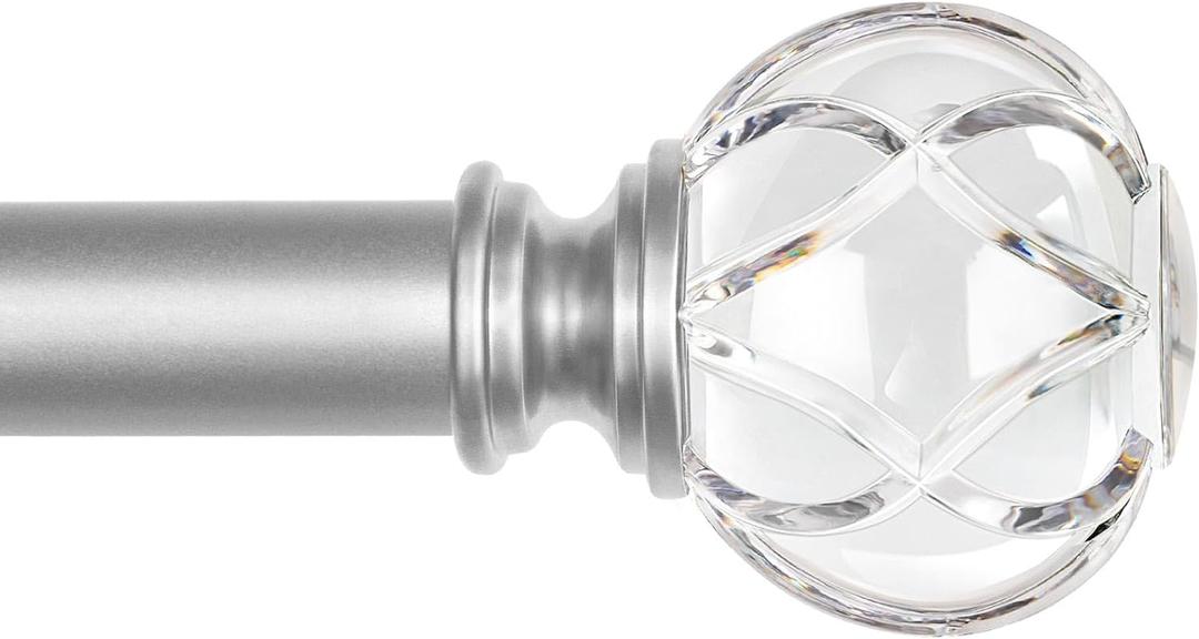 KAMANINA 1 Inch Curtain Rod for Windows 32 to 58 Inch(2.6 to 4.8 ft), Silver Telescoping Decorative Drapery Rods with Acrylic Crystal Finials for Living Room, Bedroom, Patio and Kitchen