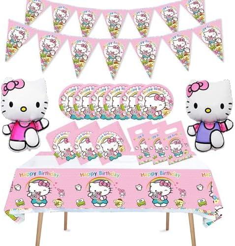 53 Pcs Kitty Girls Birthday Party Balloons, Dinner Plates, Paper Towels, Banners, Tablecloths, Gift Bags, Children's Tablecloths, Baby Shower Birthday Party Decorations