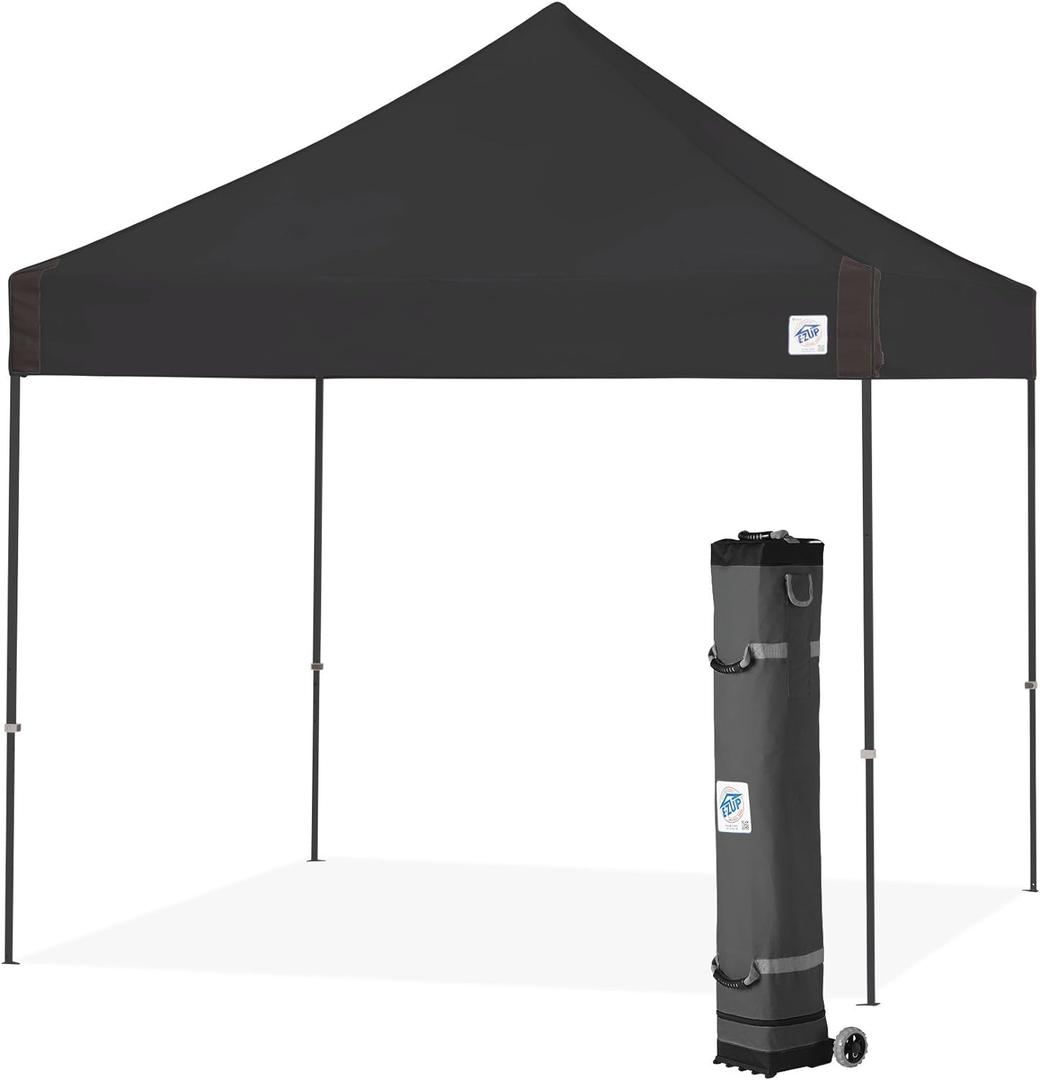 E-Z UP 10x10 Vantage Pop Up Canopy Tent, Steel Frame, Black Top, Wide-Trax Roller Bag & Spike Kit, 10 by 10'