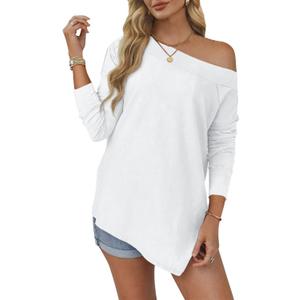 Tankaneo Womens Off The Shoulder Tops Casual Long Sleeve T Shirts Irregular Hem Split Tunics Loose Fall Blouse Shirt (White, L)