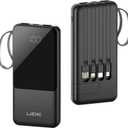 Portable Charger with Built in Cables,10000mAh Slim USB C Power Bank,5 Output 3 Input LED Display High Speed External Battery Pack Travel Phone Charger for iPhone Samsung Pixel LG Moto iPad,Black