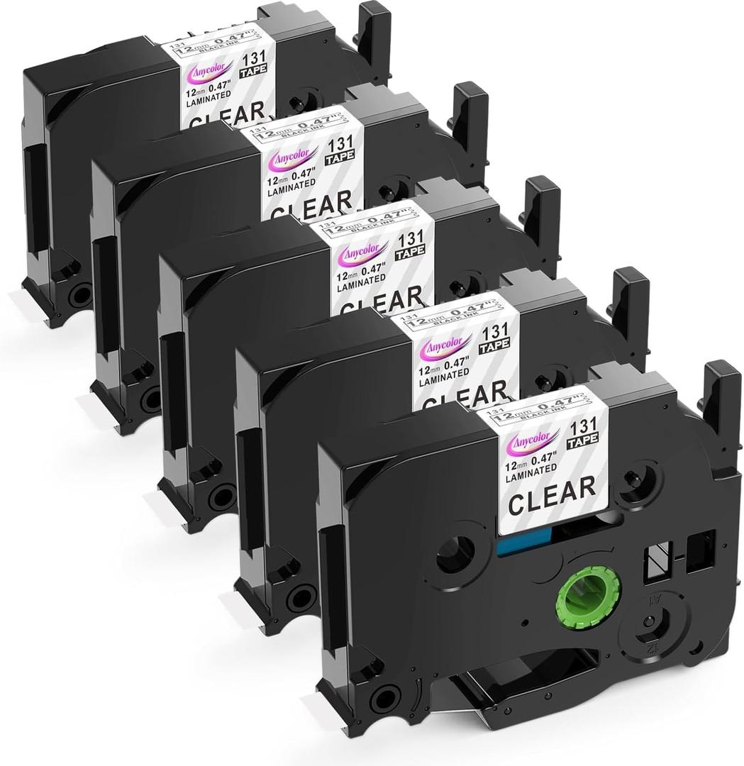 Anycolor TZe-131 TZ Tape 12mm 0.47 Laminated Clear Replacement for Brother P-Touch Label Tape Clear TZe131 TZ-131 Tape, Work with PTouch PT-D210 PTH110 PTD220 PTD410 PTD400 D600 Label Maker, 5-Pack (Black on Clear)