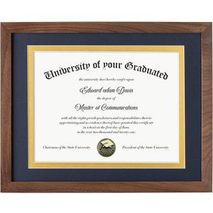 Fun Memories Walnut Wood 11x14 Diploma Frame, 100% Solid Walnut Wood Certificate Picture Frame with High Definition Glass, Document Frame for Wall and Tabletop, Blue Mat