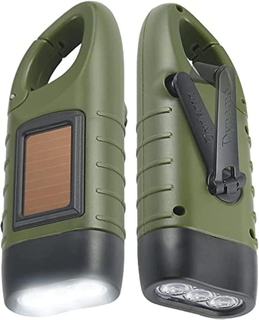 Simpeak 2-Pack Hand Crank Solar Powered Flashlight, Emergency Rechargeable LED Survival Flashlight, Quick Snap Carbiner Dynamo Flash Light Torch for Outdoor Sports, Green