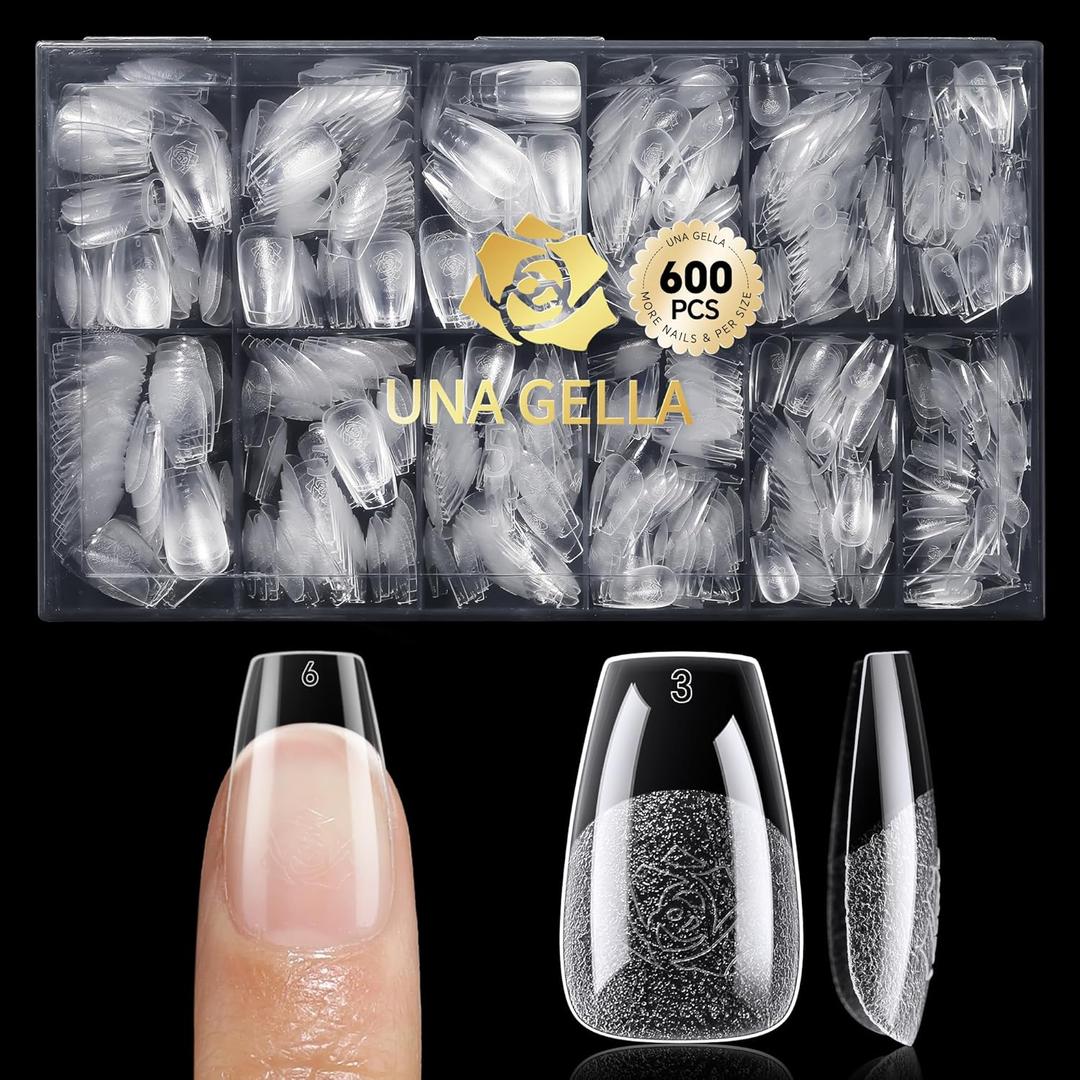 UNA GELLA Short Coffin Nail Tips 600Pcs, Short Coffin Gel Nails Tips Pre Etched 12 Sizes Soft Gel Fake Nails Tips Pre-file Full Cover for Nail Extension Home DIY Salon with Box