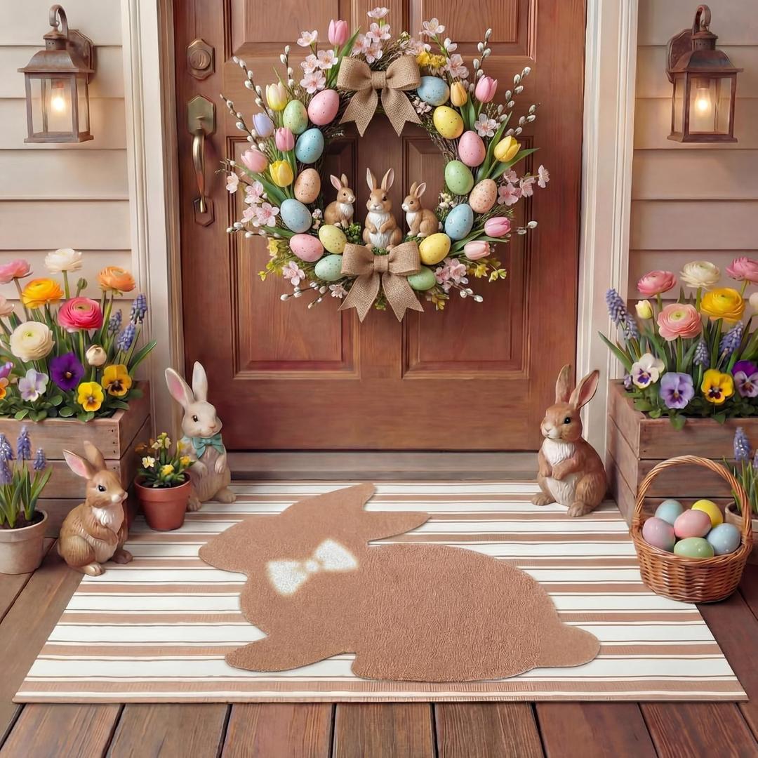 Tinideya 2 Pcs Bunny Door Mat Rabbit Welcome Non Slip Coir Mats Brown and White Stripe Floor Layering Doormats Seasonal for Front Porch Entryway Decor(Rabbit), 23.6 x 35.4 Inches