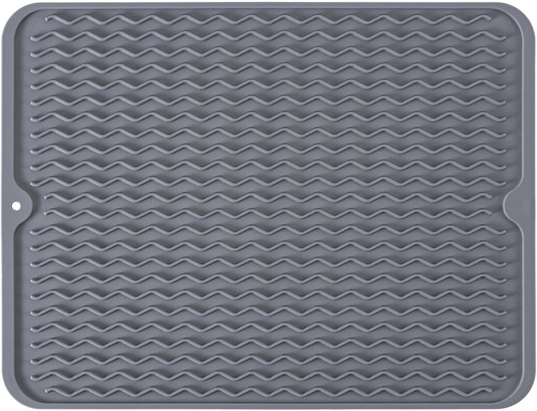Large 17" x 14" Silicone Dish Drying Mat for Kitchen Counter, Easy clean, Quick Dry, Heat-resistant Dish Drainer Mat for Sink,Refrigerator or Drawer liner (Food Grade Silicone-Grey)