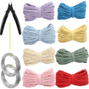 Gemscream 12 Pcs Knitted Wire Art Kit Include 8 Rolls Hollow Knitted Crochet Yarn 2 Rolls Aluminum Craft Wire with Needle Nose Plier and Sewing Needle for Beginner for DIY Crafts Sewing Crocheting