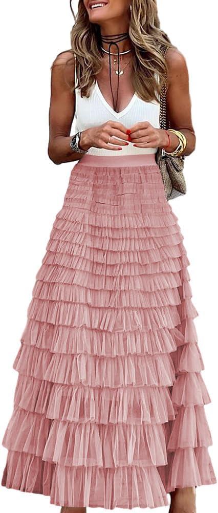 Long Tulle Skirt for Women Trendy High Waisted A Line Fluffy Fairy Mesh Layered Ruffle Skirt, Size: Small (Pink)