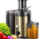 QCen Juicer Machine, 500W Centrifugal Juicer Extractor with Wide Mouth 3 Feed Chute for Fruit Vegetable, Easy to Clean, Stainless Steel, BPA-free (Gold)