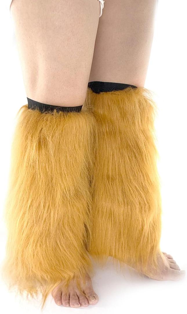 FHQHTH Fuzzy Faux Fur Leg Warmers Fur Heels Long Boots Cuff Cover has Elasticity One Pair Dionysia Boot cover Carnival 18" [Camel, Large]